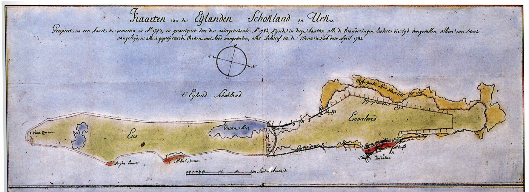 Basiskaart (uitsnede Schokland) uit 1770 met daarin aangegeven het &lsquo;Gieterse Meer&rsquo; en de veranderingen van de werkzaamheden per april 1782.