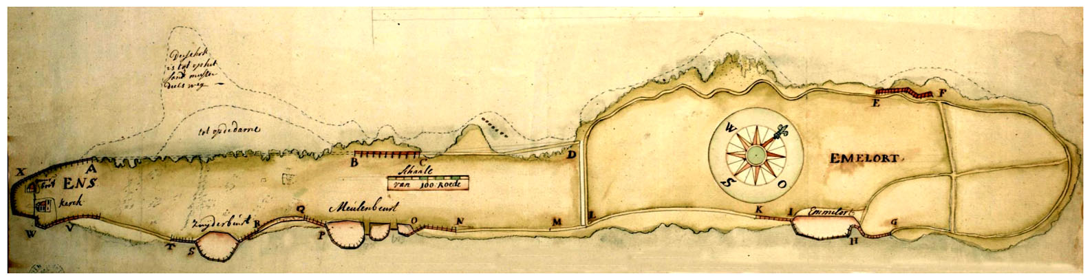 Kaart van 1719 met daarop verschillende oeverwerken.
