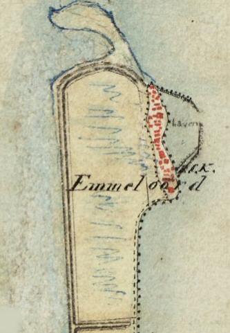 Topografische kaartuit 1839, met de plaats van de kerk, aangegeven met R.C.K.