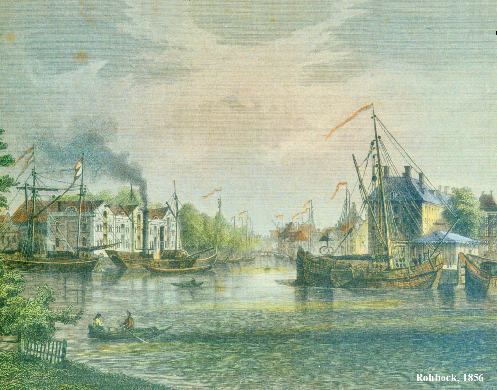 De haven van Zwolle met een beurtschip  een Zwolse kaag - bij de stadskraan. Uiterst links voor het depot van Schaepman/ Van de Wetering ligt een Oostzeevaarder en daarvoor de stoomraderboot de stad Amsterdam. Staalgravure van J.M. Riegel, ca. 1860, naar een tekening van Ludwig Rohbock (ca. 1856)