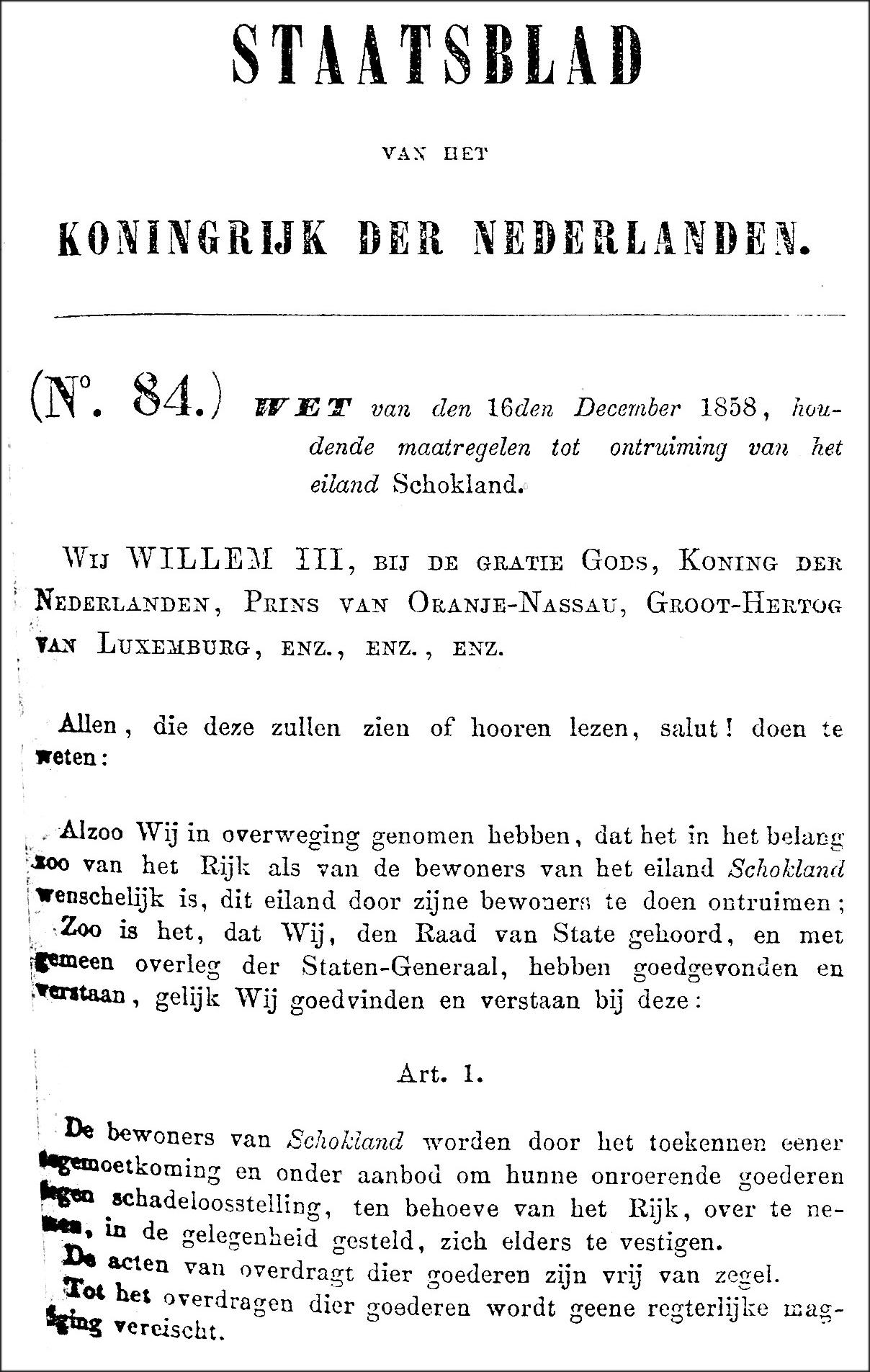 Wet van den 16 den December 1858, houdende maatregelen tot ontruiming van het eiland Schokland (fragment)