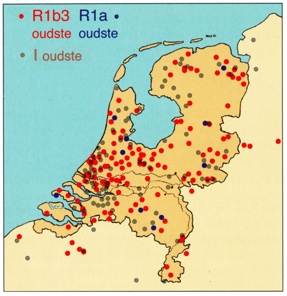 Kaartje van de woonplaatsen van Y-haplogroepen