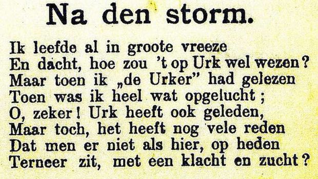 De eerste strofe van een gedicht over de stormvloed van 1916